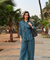 Rozana -Teal Blue Shirt Collar Cutwork Co-Ord Set with Straight Pants