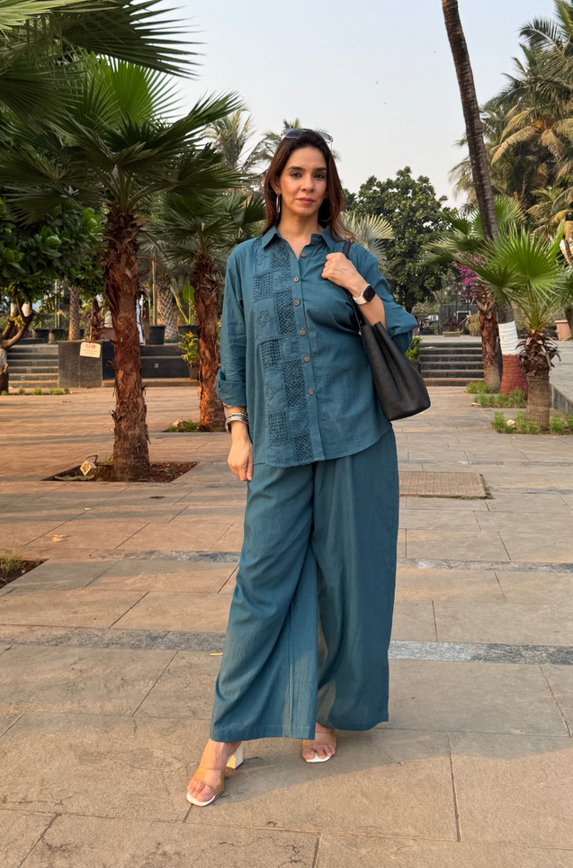 Rozana -Teal Blue Shirt Collar Cutwork Co-Ord Set with Straight Pants