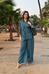 Rozana -Teal Blue Shirt Collar Cutwork Co-Ord Set with Straight Pants