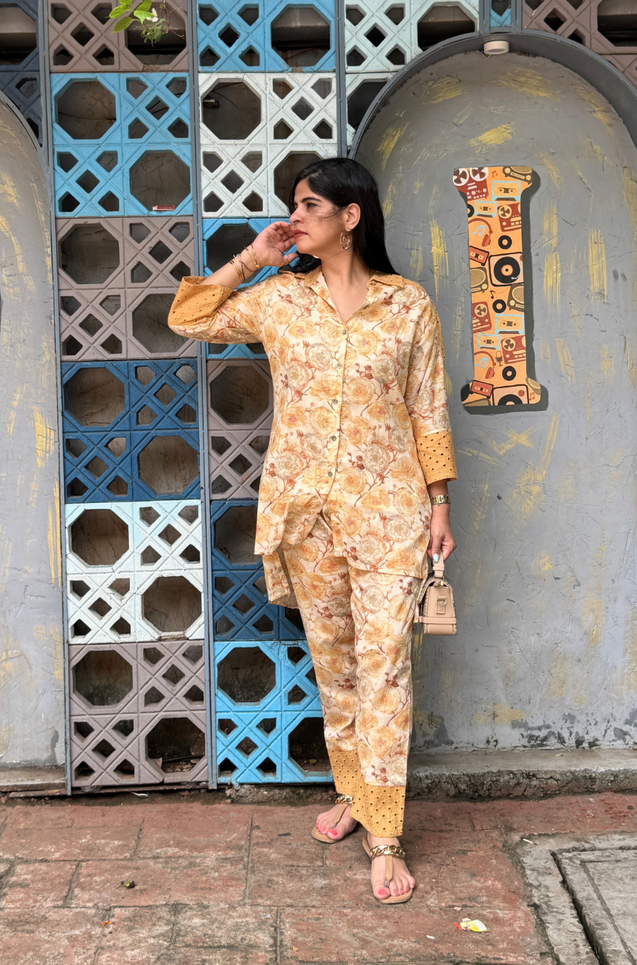 Mustard Floral Printed Hakoba Co-ord set