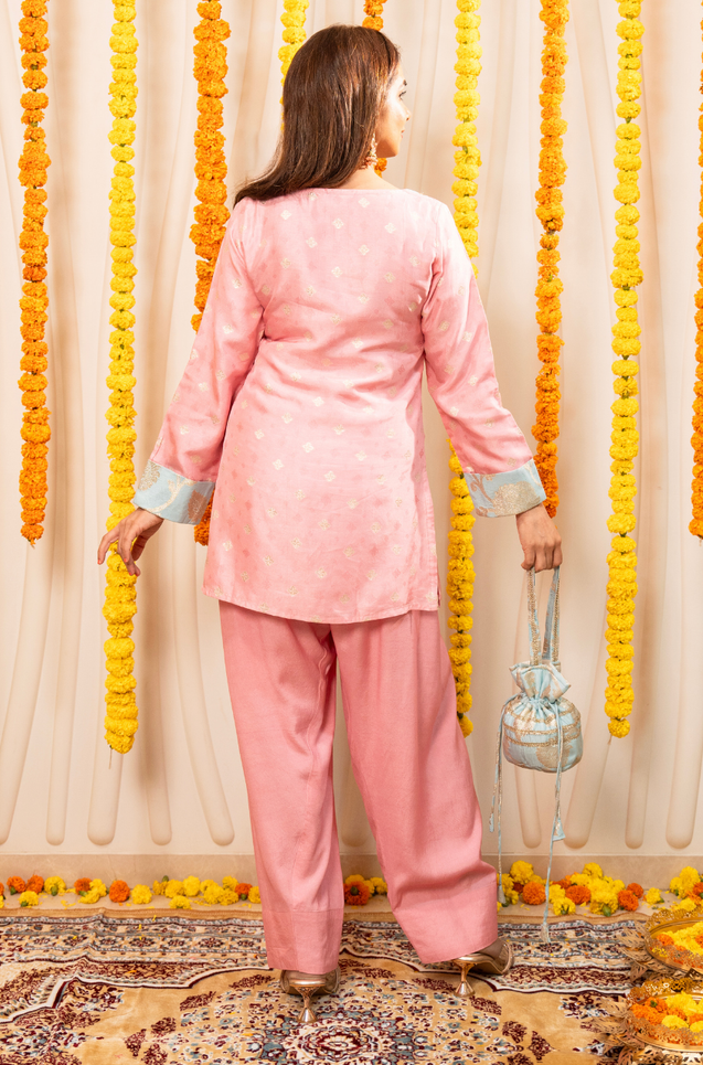 PHULJARI -Pastel Pink  Farshi Salwar Set With Potli Bag