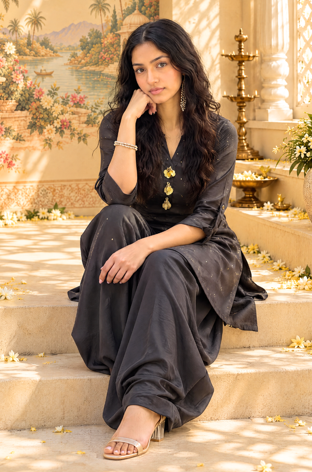Festive Black Kurta with Cowl Pants Set