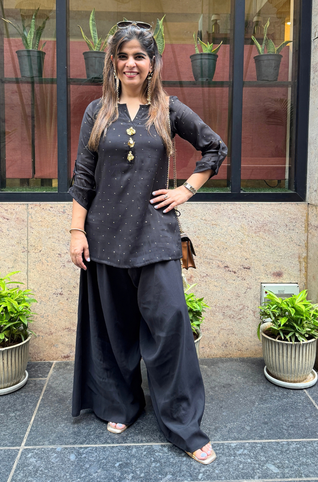 Festive Black Kurta with Cowl Pants Set
