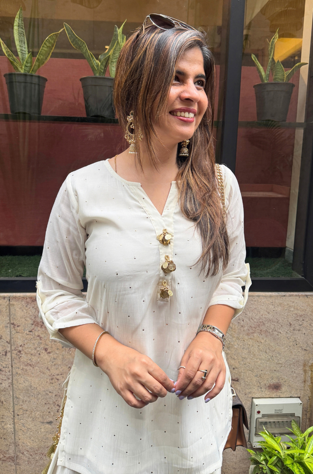 Festive White Kurta with Cowl Pants Set