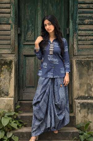 Rozana -Indigo Lotus Drape Skirt Set