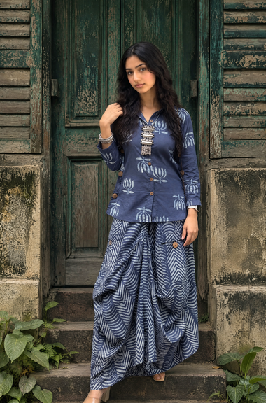 Rozana -Indigo Lotus Drape Skirt Set