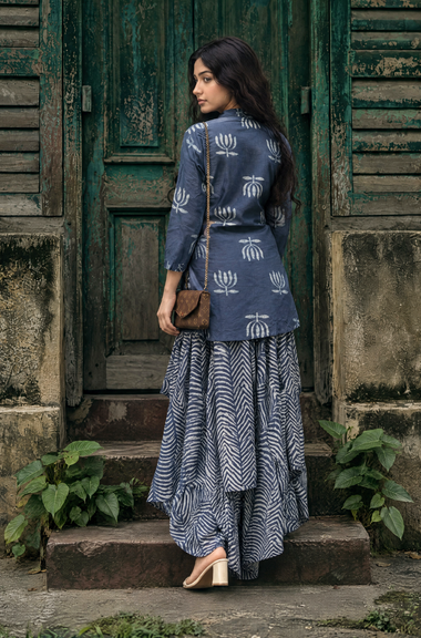 Rozana -Indigo Lotus Drape Skirt Set