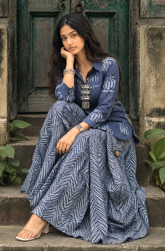 Rozana -Indigo Lotus Drape Skirt Set