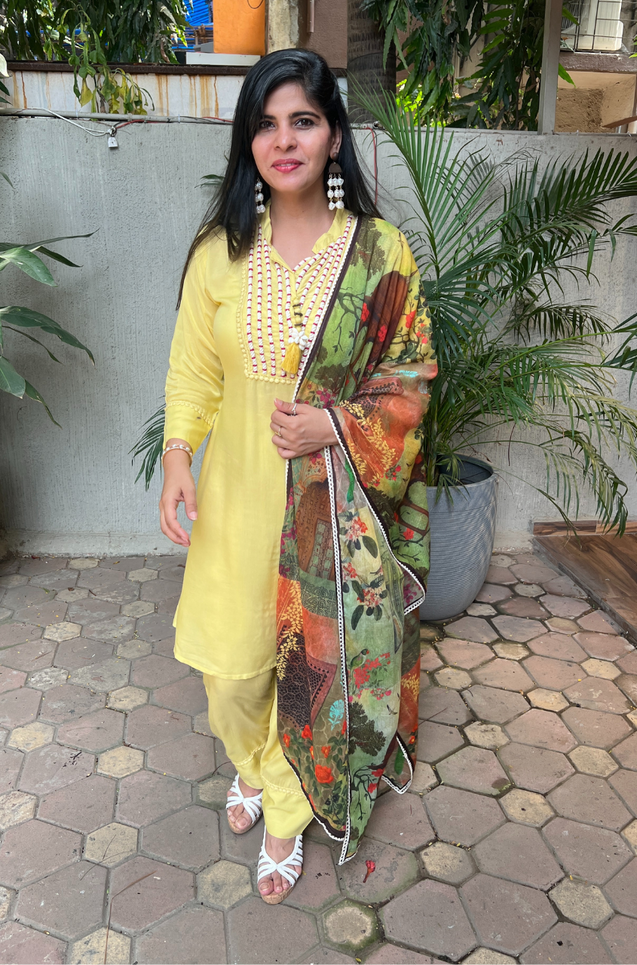 MALANG- Yellow Three Piece Suit Set With Printed Dupatta