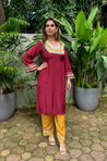 RAAS-Maroon & Yellow Glass Neckline Two Piece Set