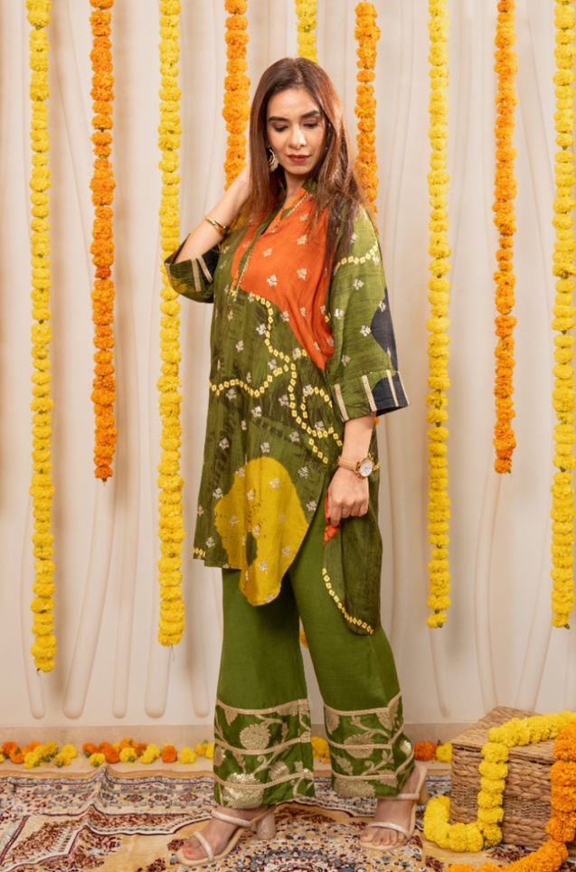 MEHER-Olive  Bandhani Ethnic  Kurta set
