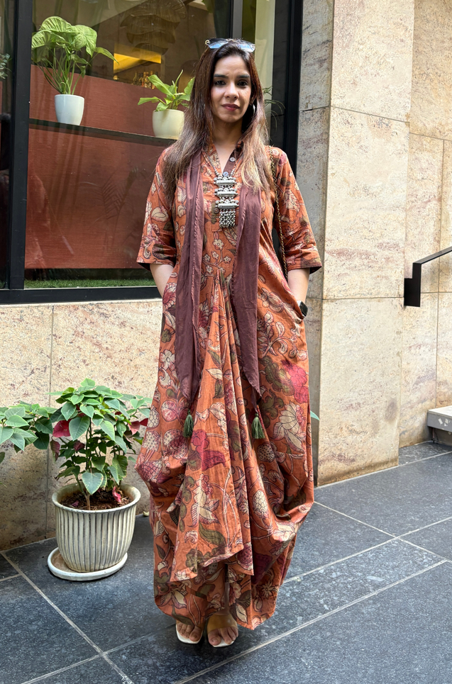 Rozana-Rust Orange Cotton Elegant Fusion  Drape  Dress