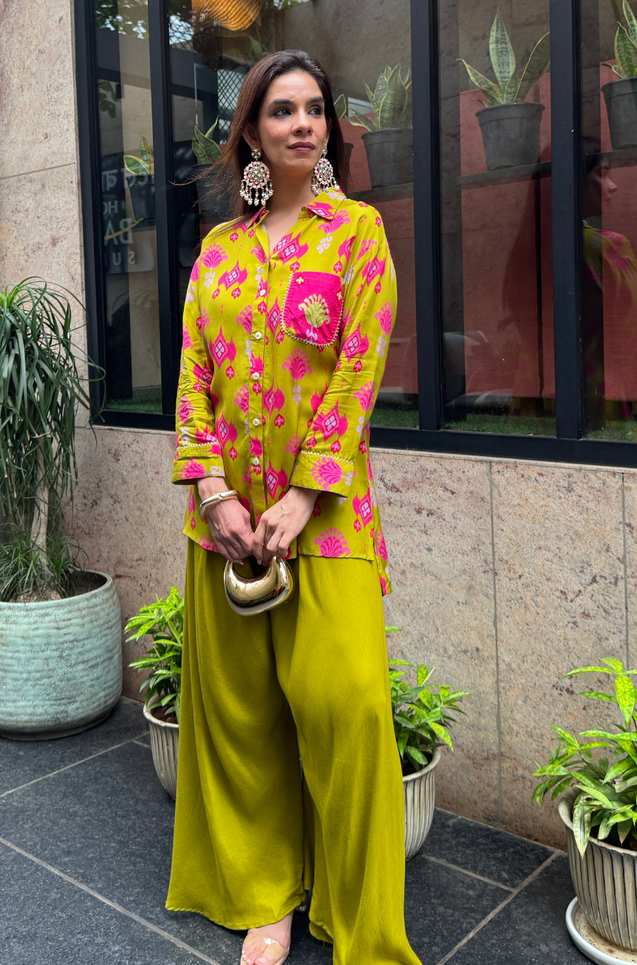 Festive  Lime Green Ikat Printed Short Kurta With Cowl Pant(Pre-order)