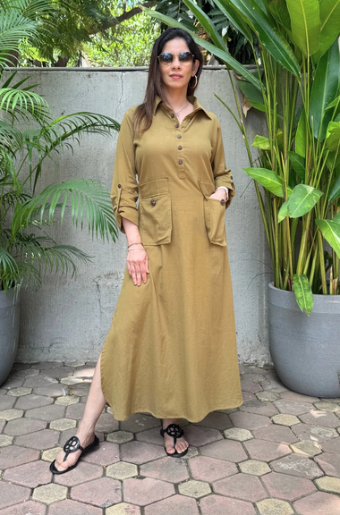 REZAAR- Olive Green Shirt Style Pocket Dress