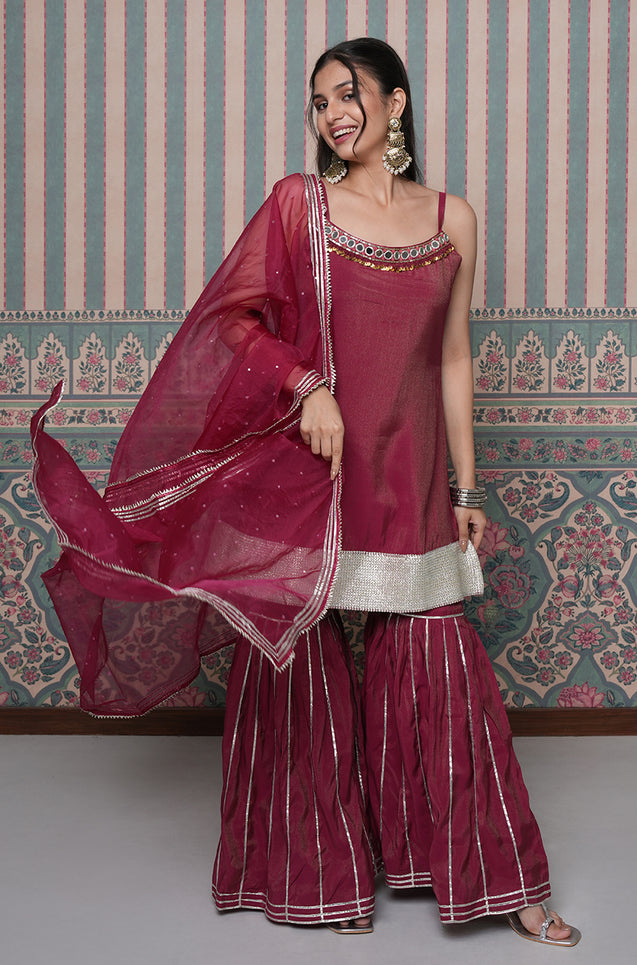 PASSORI-Maroon Embroidered Sharara Set