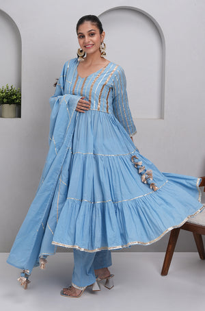 Seher- Sky blue Anarkali  Three piece set with Dupatta
