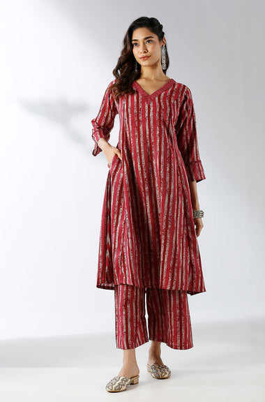 Maroon Stripped Printed Two Piece Set