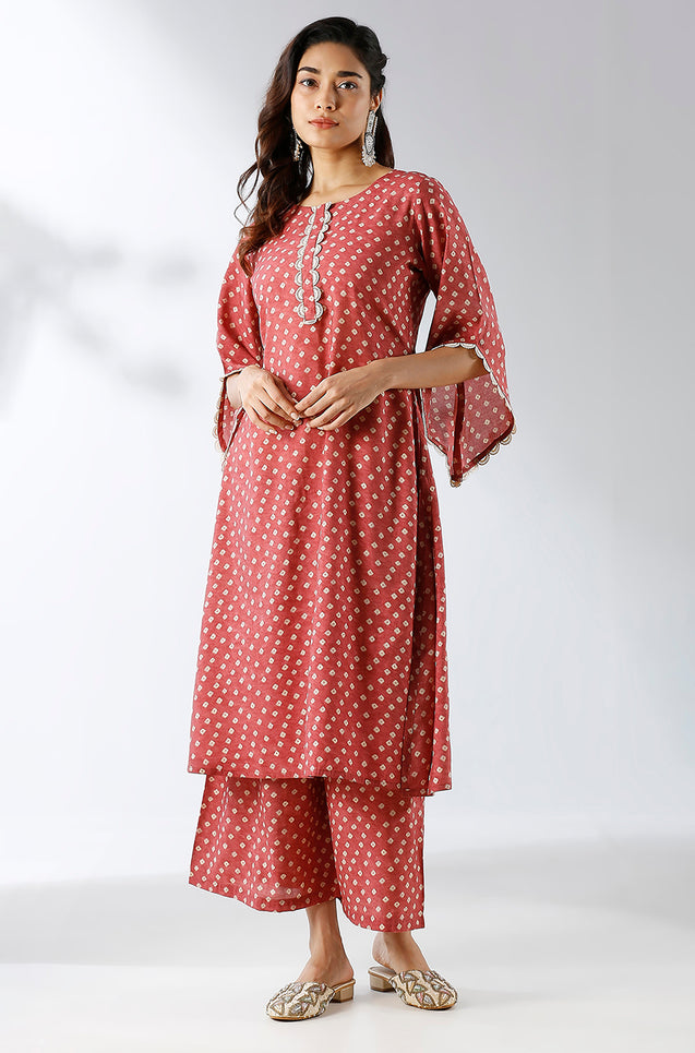 Rust Bandhani Print Two Piece Set