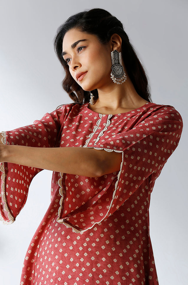 Red Bandhani Print Two Piece Set