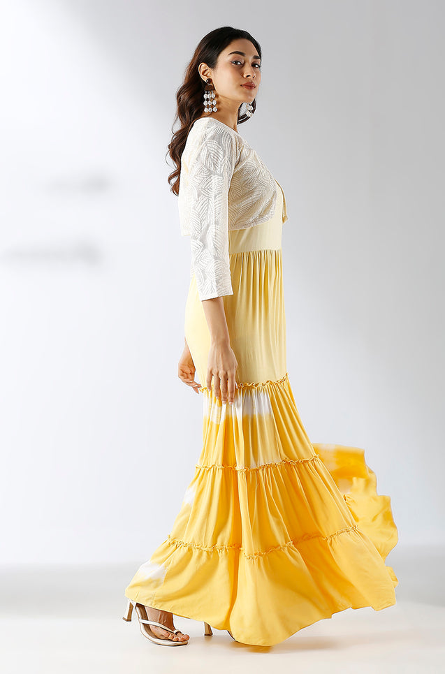 LEHER -Yellow Ombre Tiered Gown With Knit Jacket