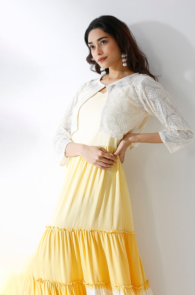 LEHER -Yellow Ombre Tiered Gown With Knit Jacket