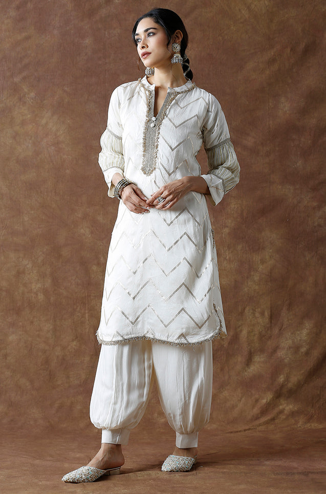 Cream Chevron Pattern  Kurta With Pathani Pants