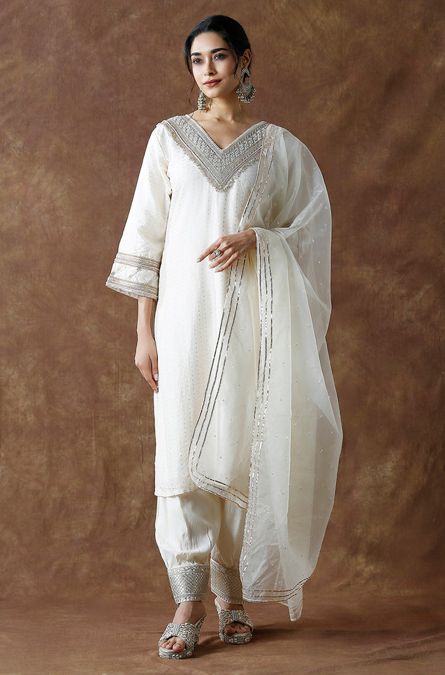 Noorani-White Pearl Three Piece Suit Set