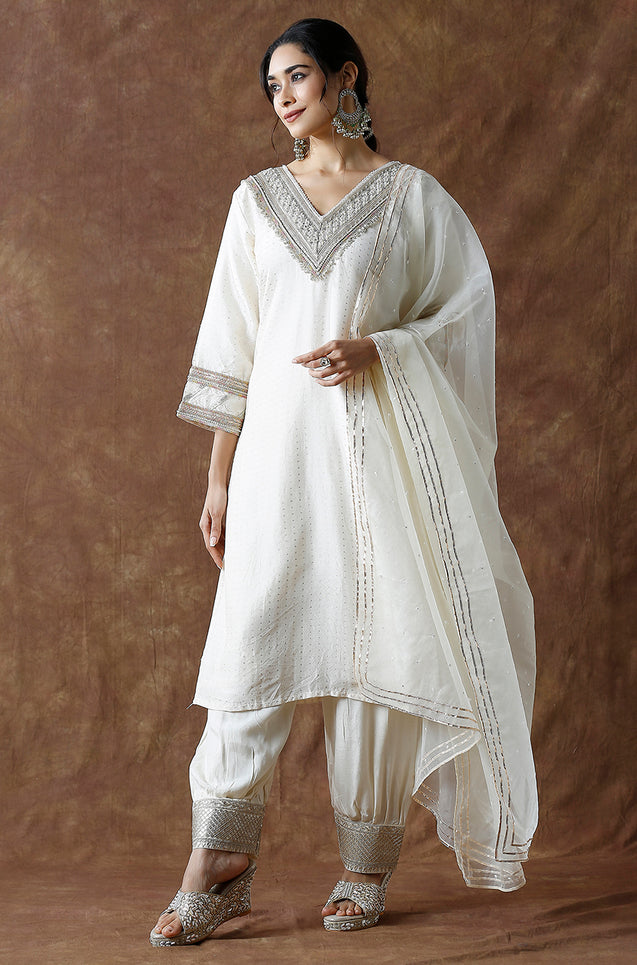 Noorani-White Pearl Three Piece Suit Set