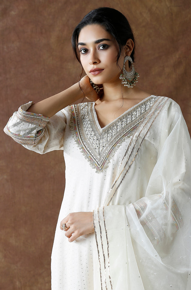 Noorani-White Pearl Three Piece Suit Set