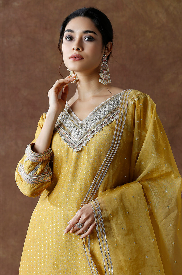 Noorani-Mustard Pearl Three Piece Suit  Set