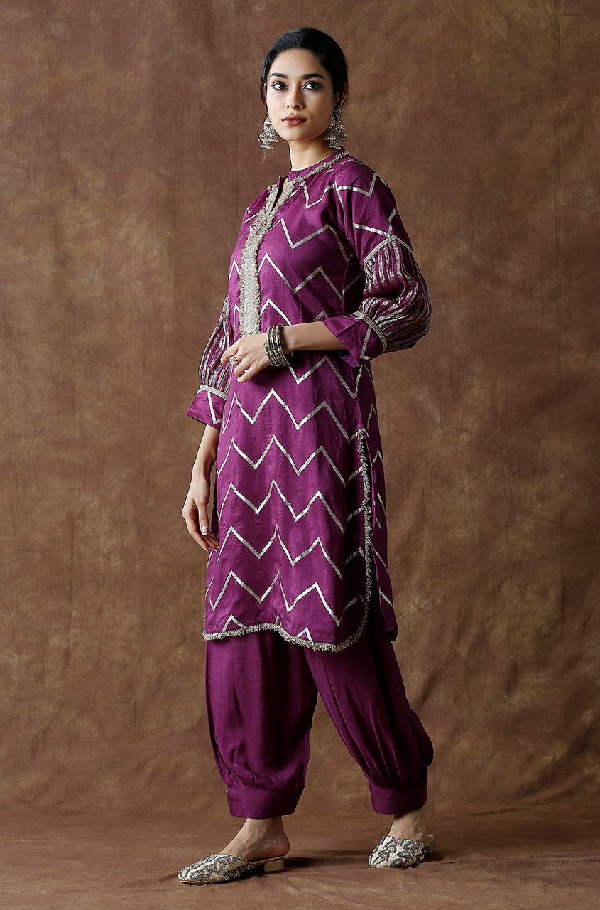 Pathani Pattern NOORANI-Wine Chevron Pattern Kurta With Pathani Pant - Ishnya
