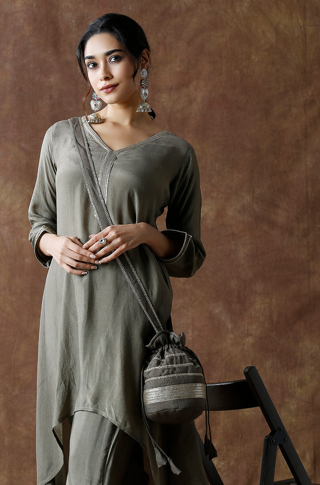 Raas- Dusty Green Two Piece Set With Potli bag