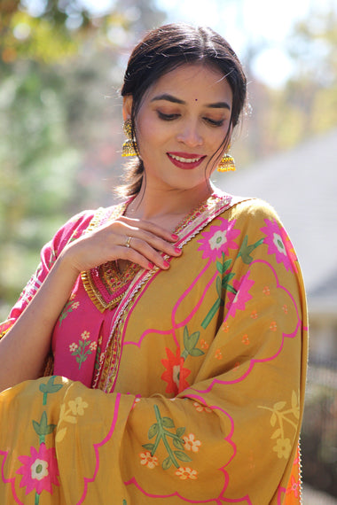 GEET- Cerise Pink Three Piece Suit Set With Printed Dupatta