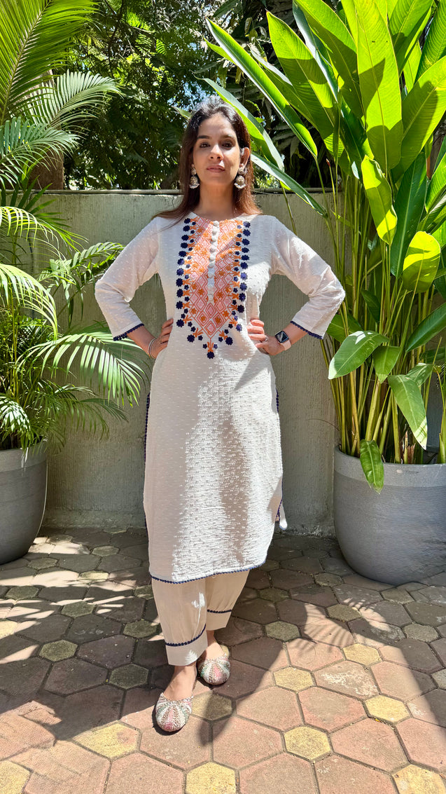 ZAIB-White  Embroidered Two Piece Set