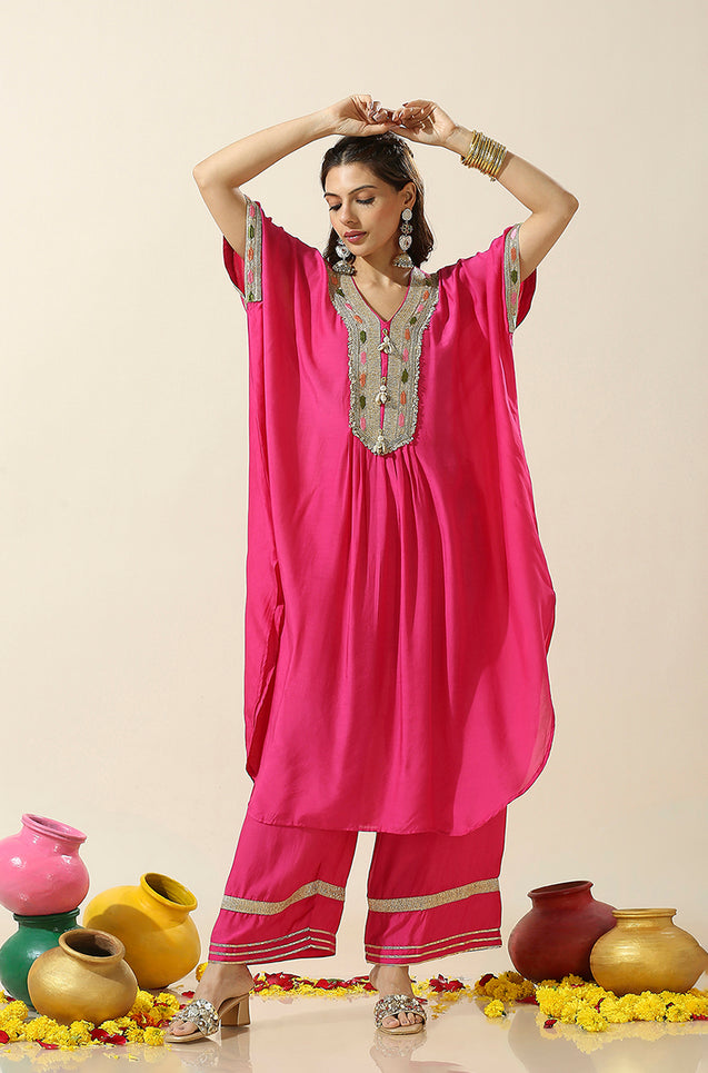 Raas-Pink Solid Batwing Two Piece Set