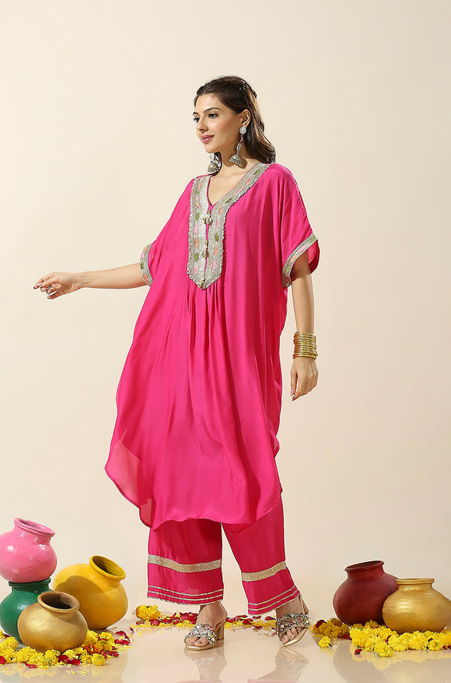 Raas-Pink Solid Batwing Two Piece Set