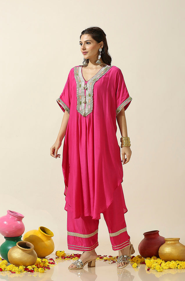 Raas-Pink Solid Batwing Two Piece Set