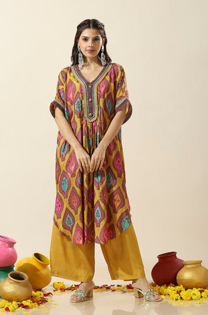 HEERIYE-Mustard Printed Batwing Sleeves Two Piece Set