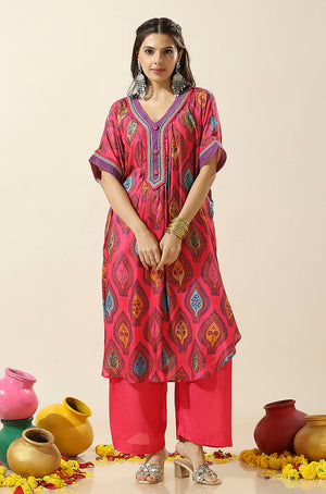 Heeriye-Pink Printed Batwing Sleeves Two Piece Set