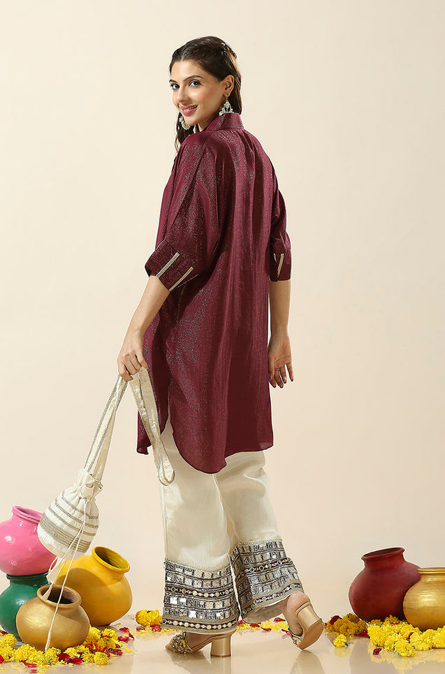 RAAS-Marron Shimmer Batwing Two Piece set with Potli Bag  (oversized fit)