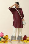 RAAS-Marron Shimmer Batwing Two Piece set with Potli Bag  (oversized fit)