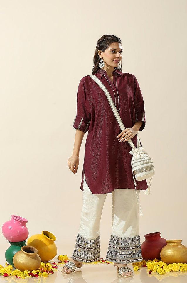 RAAS-Marron Shimmer Batwing Two Piece set with Potli Bag  (oversized fit)