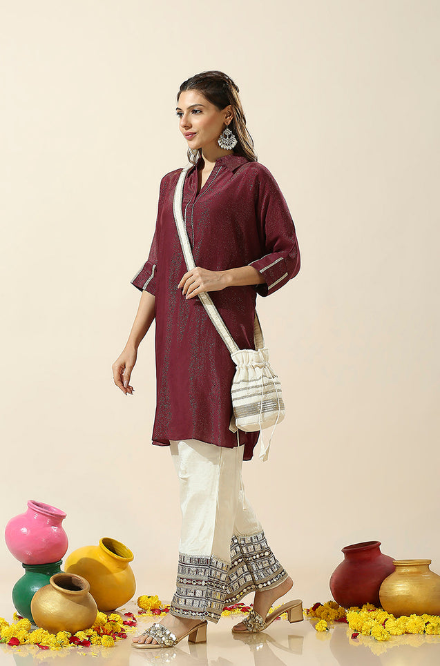 RAAS-Marron Shimmer Batwing Two Piece set with Potli Bag  (oversized fit)