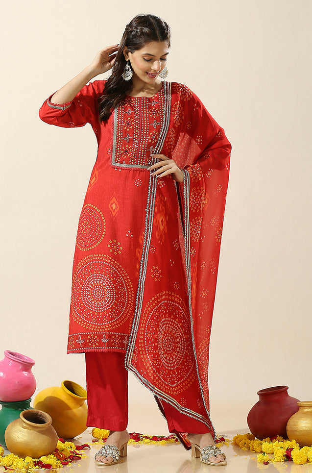 HEERIYE-Red Bandhani Three Piece Suit Set