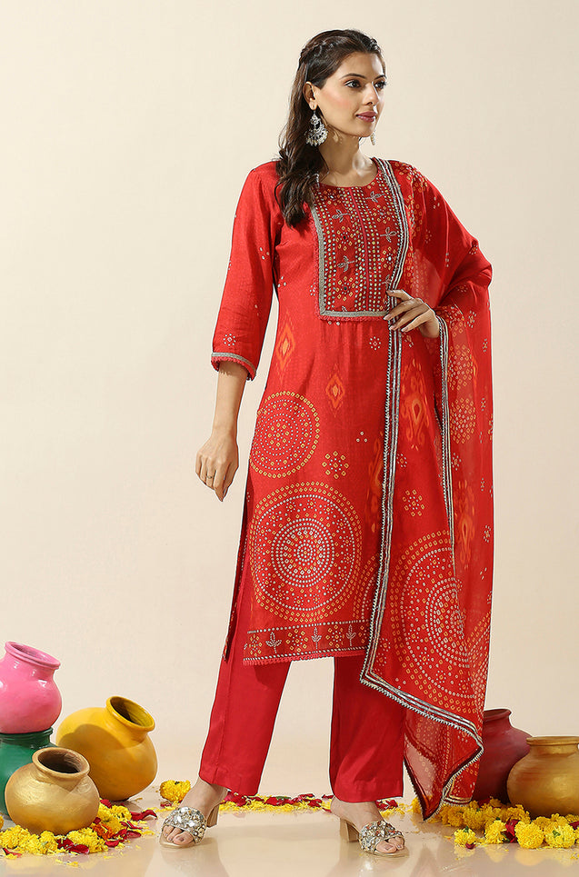 HEERIYE-Red Bandhani Three Piece Suit Set