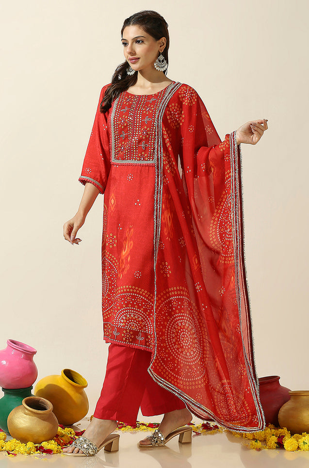 HEERIYE-Red Bandhani Three Piece Suit Set