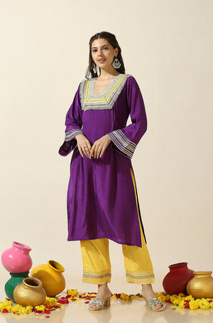 RAAS-Purple & Yellow  Glass Neckline Two Piece Set