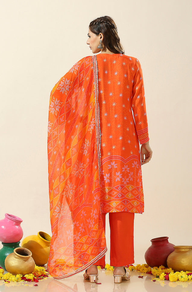 HEERIYE-Orange Bandhani Three Piece Set