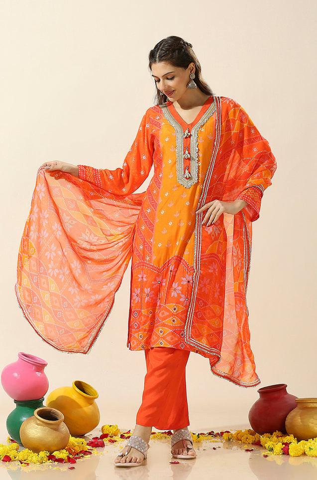 HEERIYE-Orange Bandhani Three Piece Set