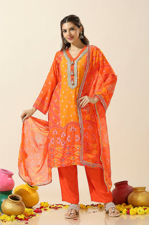 HEERIYE-Orange Bandhani Three Piece Set